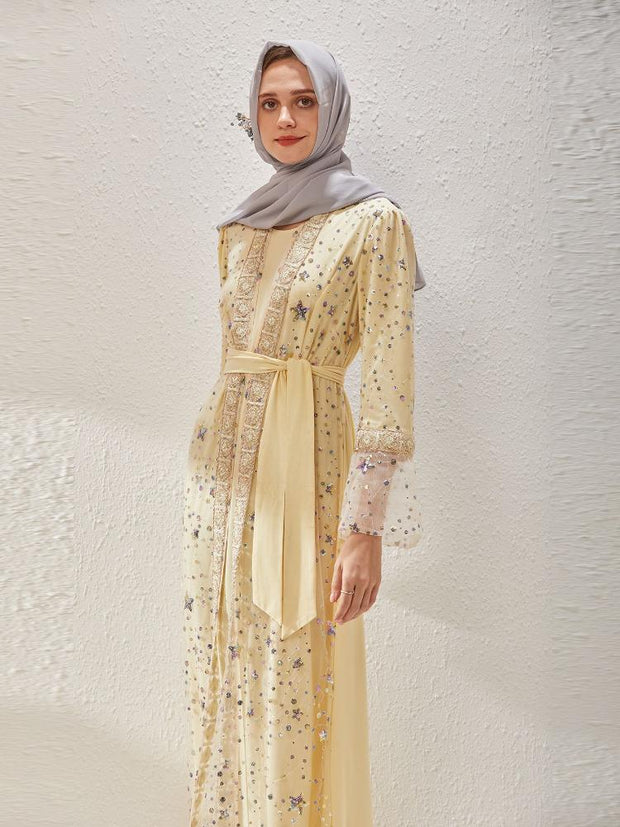 Fake Two Sequin Embroidered Long Sleeved Abaya