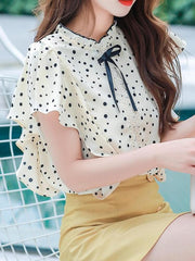 Lace Stand Collar Short Sleeve Chiffon Shirt