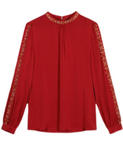 Embroidered Pullover Stand Neck Long Sleeved Blouse