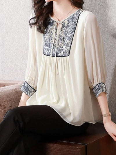 Embroidered Short Sleeve Lace Up Shirt