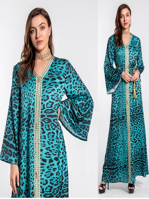 Leopard Print V-Neck Jalabiya Dress