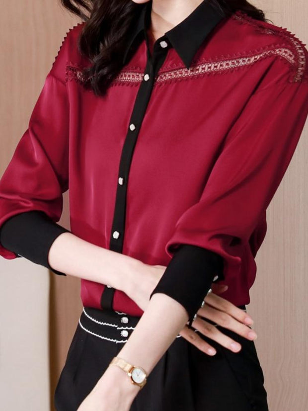 Embroidered Long Sleeve Lace Spliced Shirt