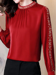 Embroidered Pullover Stand Neck Long Sleeved Blouse