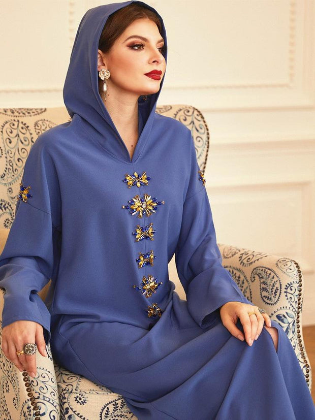 Women's Blue Grey Handmade Diamond Hooded Robe Abaya
