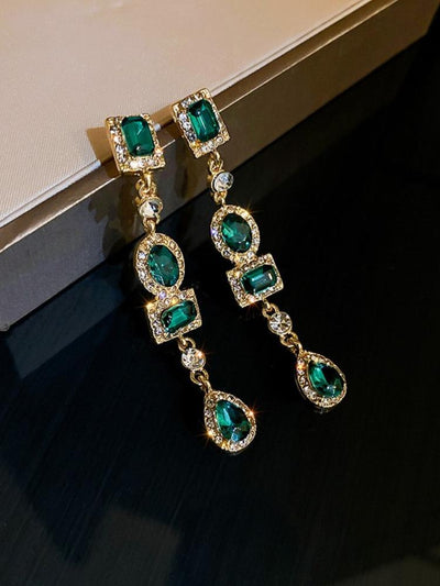 925 Silver Needle Geometric Diamond Inlaid Green Earrings