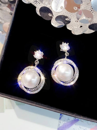 925 Silver Needle Diamond Pearl Earrings