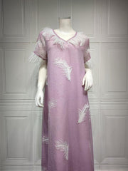 Women's V-neck Embroidered Mesh Dress Jalabiya