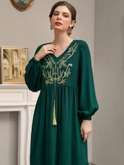 Women's Loose V-neck Embroidery Tassel Jalabiya Dress