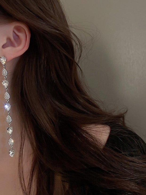 Silver Needle Diamond Inlaid Drop Earrings