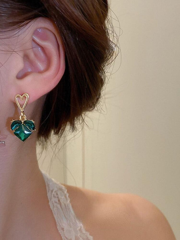 Double Love Diamond Inlaid Emerald Earrings