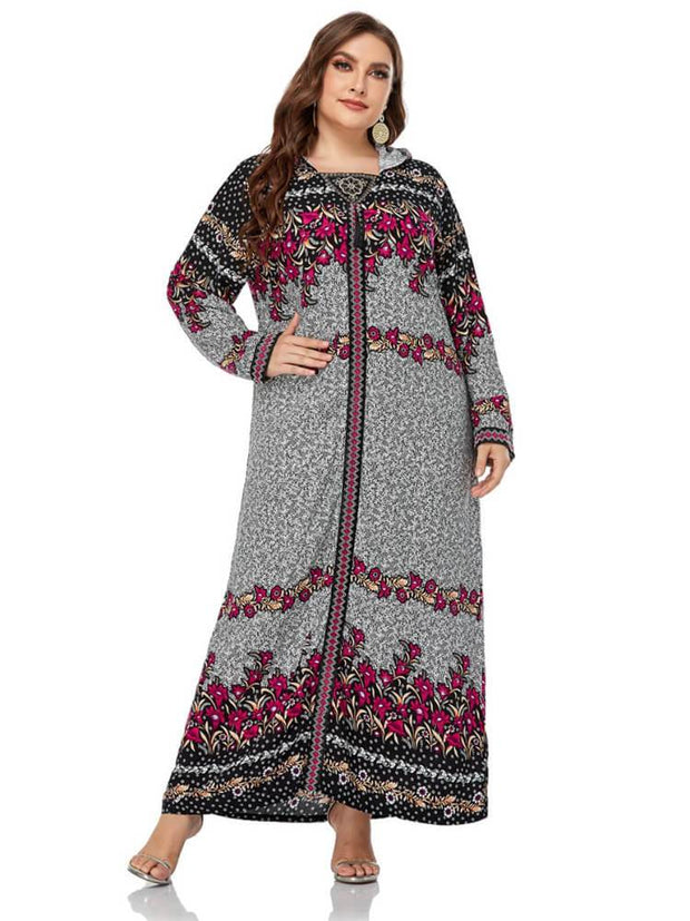 Women's Embroidered Long Sleeved Hooded Printed Dress