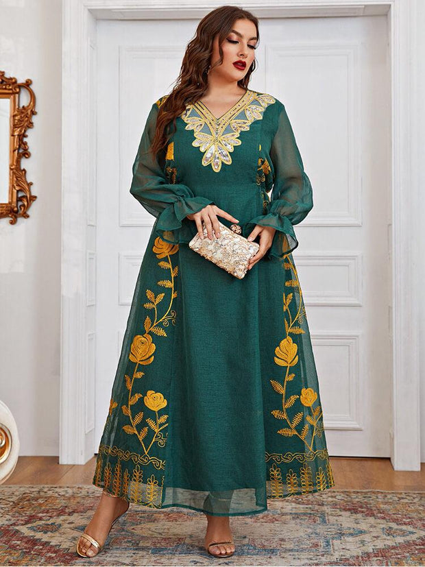 Women's Plus Size Lace Flower Embroidered Jalabiya Dress