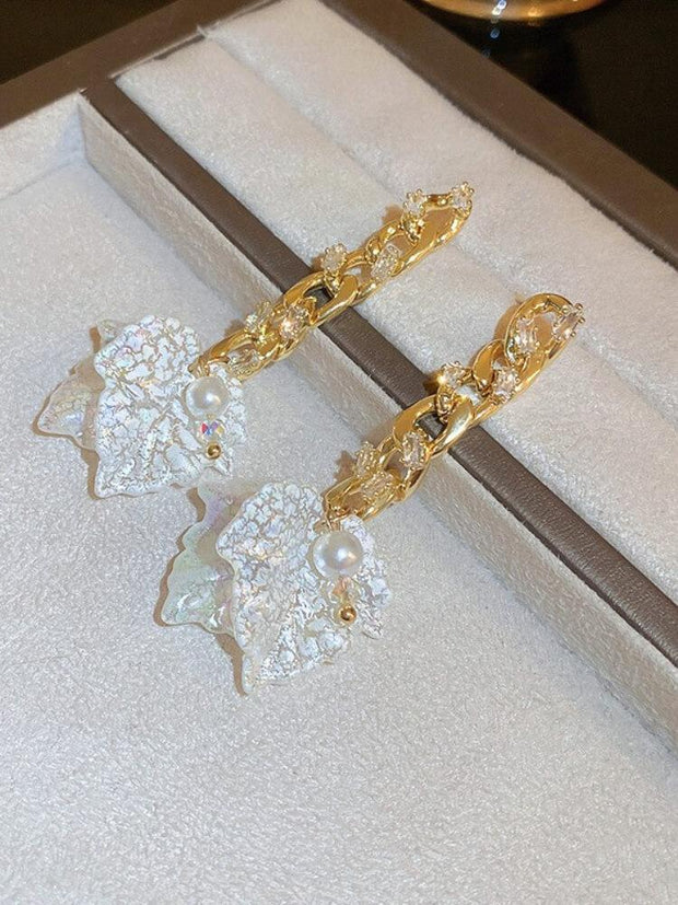 Silver Needle Zircon Shell Leaf Earrings