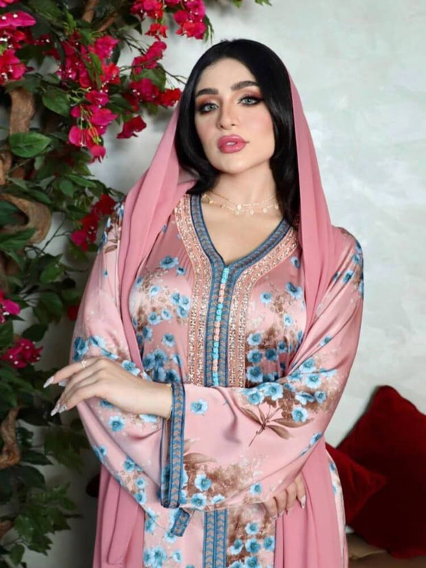 Women's Pink Hot Diamond Print Dress Jalabiya