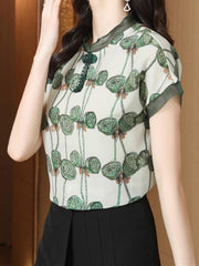 Short Sleeve Button Up Stand Collar Printed Shirt