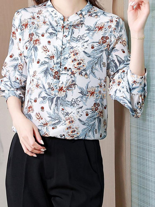 Floral Stand Collar Long Sleeve Shirt