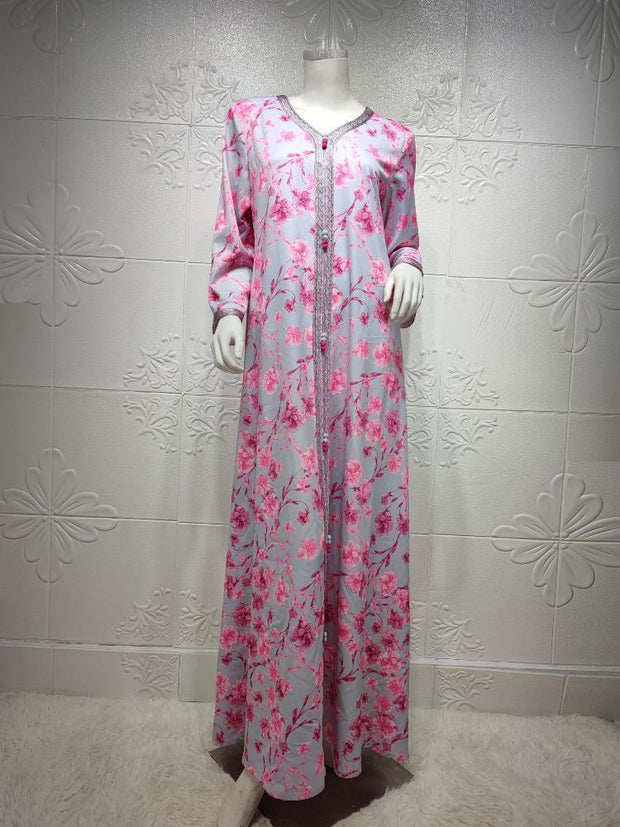 Women's Print V-Neck Jalabiya Dress