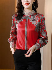 Embroidered Stand Collar Printed Long Sleeve Top