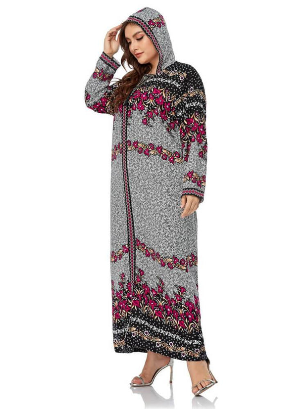 Women's Embroidered Long Sleeved Hooded Printed Dress