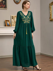 Women's Loose V-neck Embroidery Tassel Jalabiya Dress