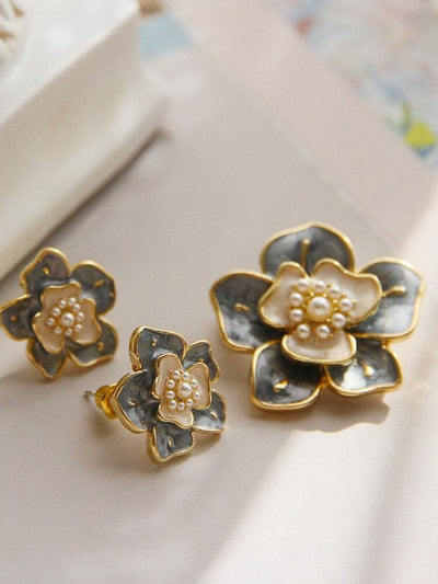Silver Needle Pearl Camellia Flower Earrings Brooch