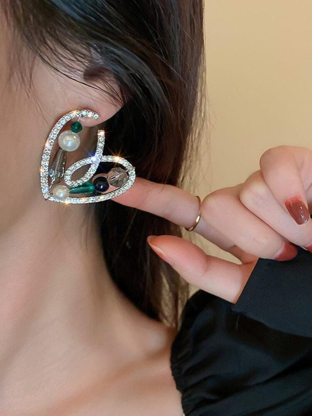 Silver Needle Diamond Crystal Pearl Love Earrings