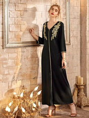 Women's V-Neck Floral Arabian Dress Jalabiya