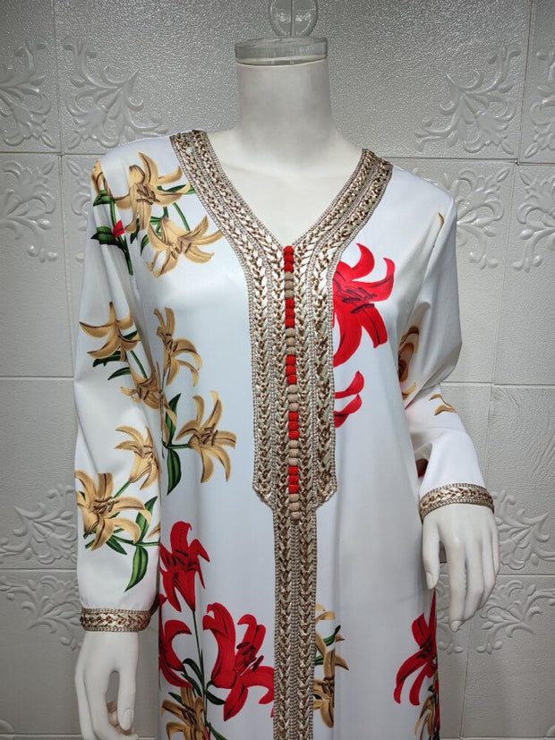 Women's Printed Ribbon Jalabiya Dress