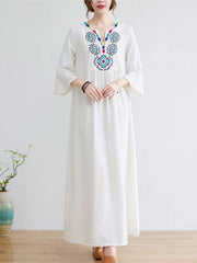 V-Neck Embroidered Cotton Linen Dress