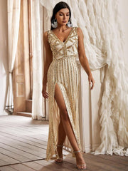 Sequin Suspender Slit Evening Dress