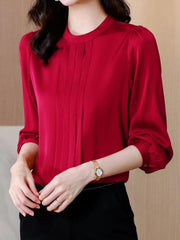 Pleated Long Sleeve Round Neck Shirt