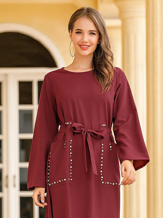 Round Neck Long Sleeve Drill Pocket Abaya