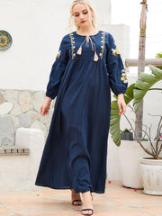 Embroidered Cotton Linen Long Sleeved Dress
