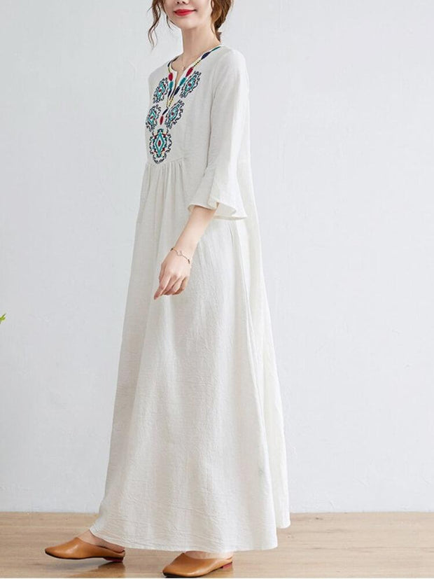 V-Neck Embroidered Cotton Linen Dress
