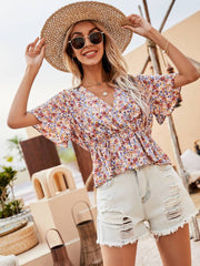 Women's V-neck Floral Short Sleeve Shirt