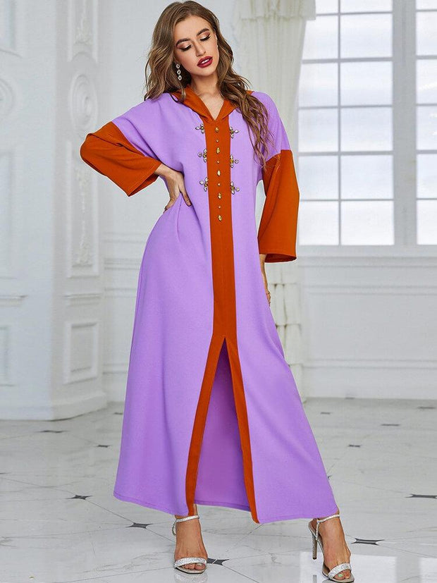 Women's Hooded Hand Stitched Diamond Robe Abaya Dress