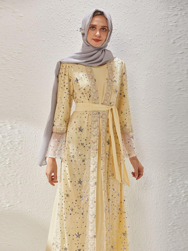 Fake Two Sequin Embroidered Long Sleeved Abaya