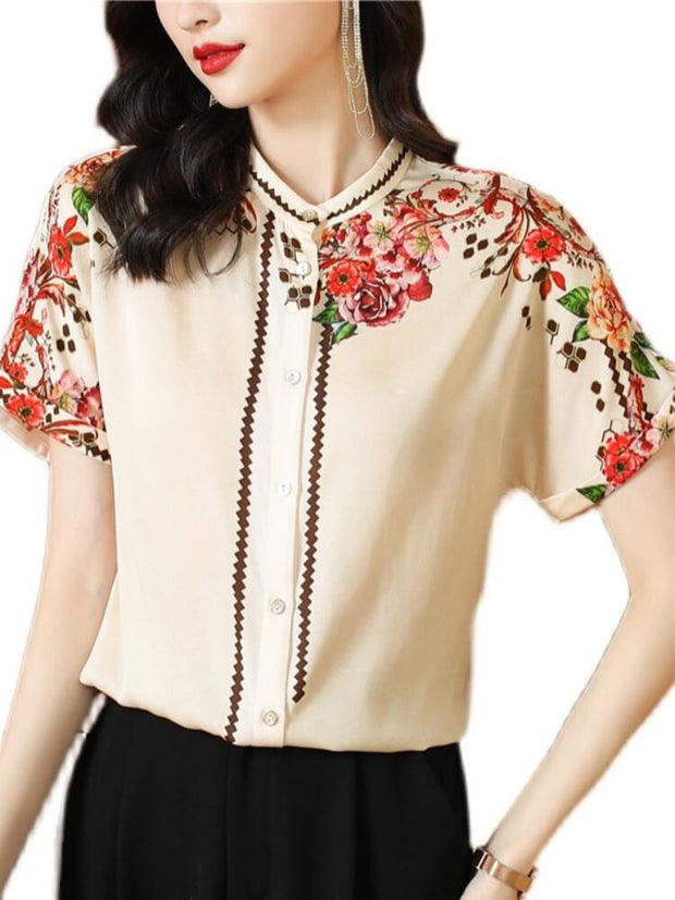 Women's Floral Stand Collar Short Sleeved Shirt