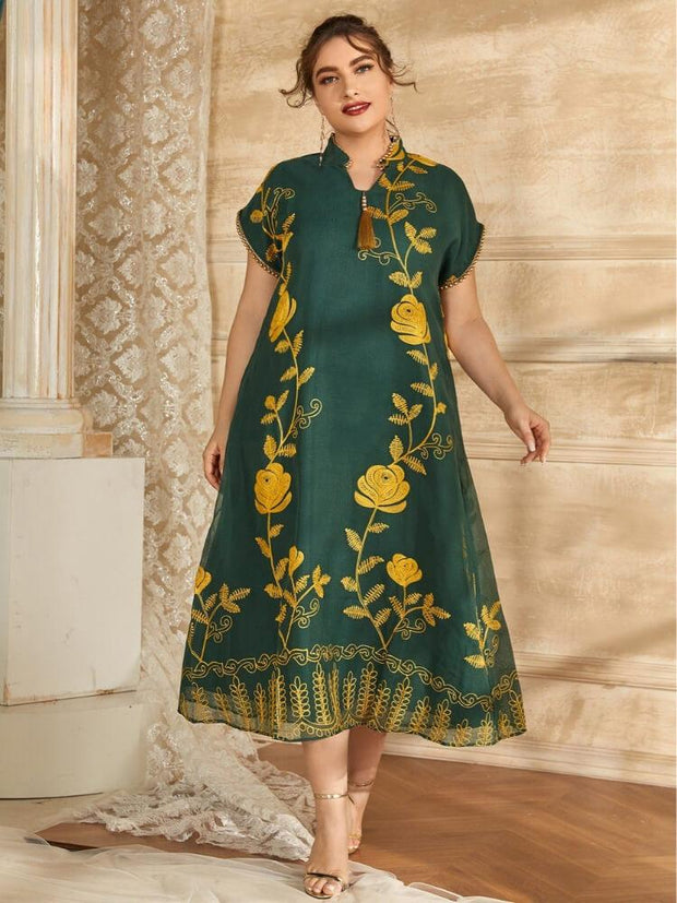 Women's Plus Size Floral Embroidered Beaded Jalabiya Dress