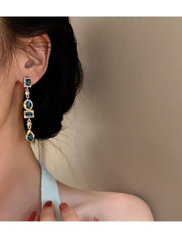 925 Silver Needle Geometric Diamond Inlaid Green Earrings