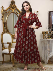 Wemon's Plus Size Gold Print Ruffle Dress Jalabiya