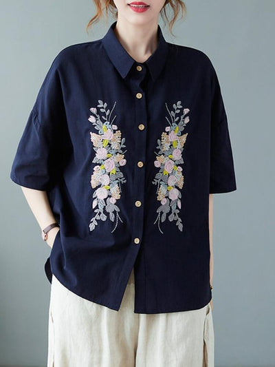 Women's Loose Embroidered Short Sleeved Shirt