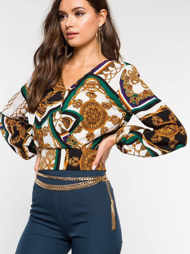 Women's Chain Printed Long-Sleeve Blouse