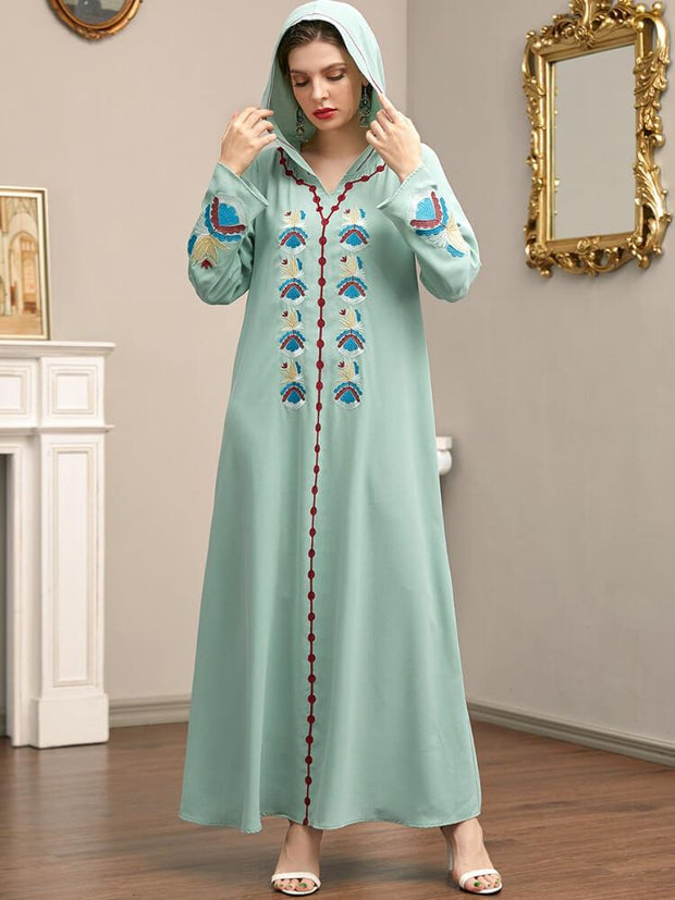 Women's Embroidered Hooded Long Sleeved Abaya Dress