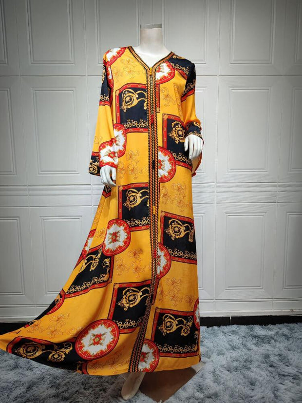 Women's V-neck Printed Jalabiya Dress
