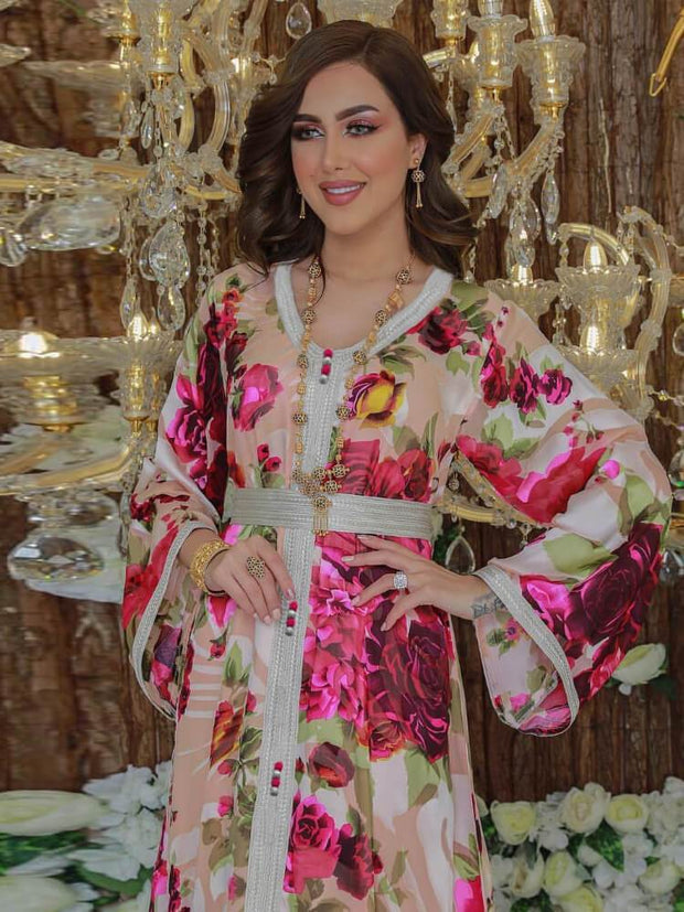 Women's Flower Print Belt Dress Jalabiya