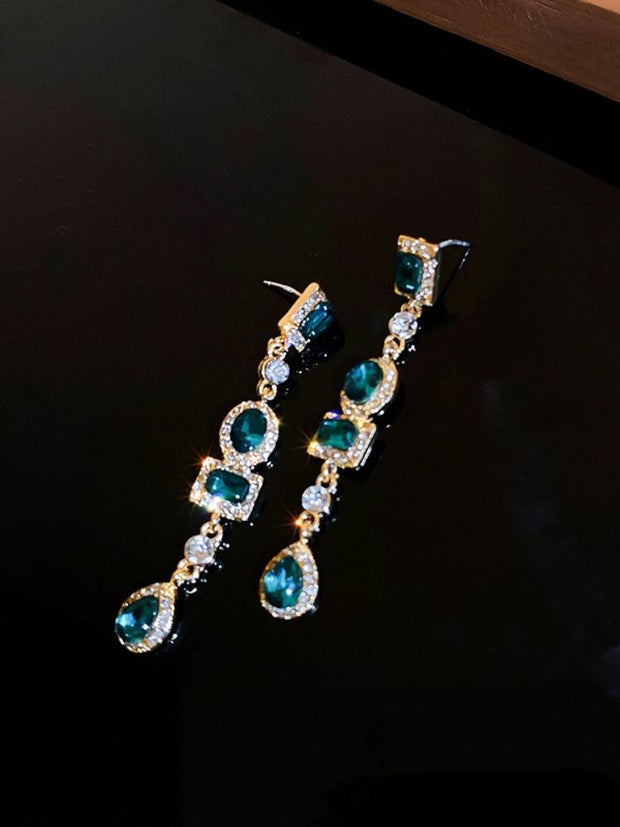 925 Silver Needle Geometric Diamond Inlaid Green Earrings