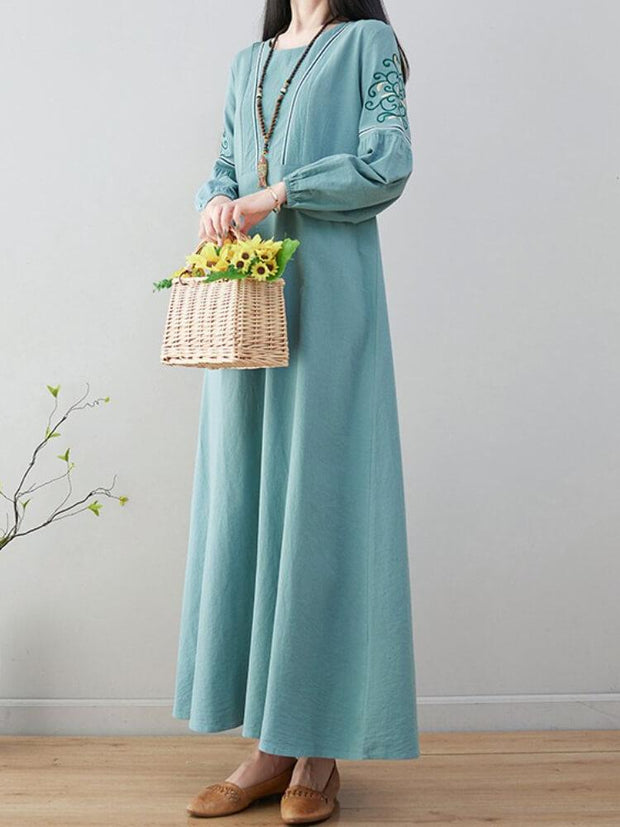 Long Sleeve Embroidered Round Neck Dress