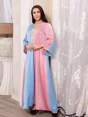 Patchwork Long Sleeve Round Neck Jalabiya Dress