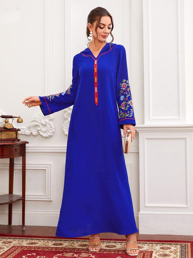 Women's Floral Embroidered Hoodie Abaya Dress